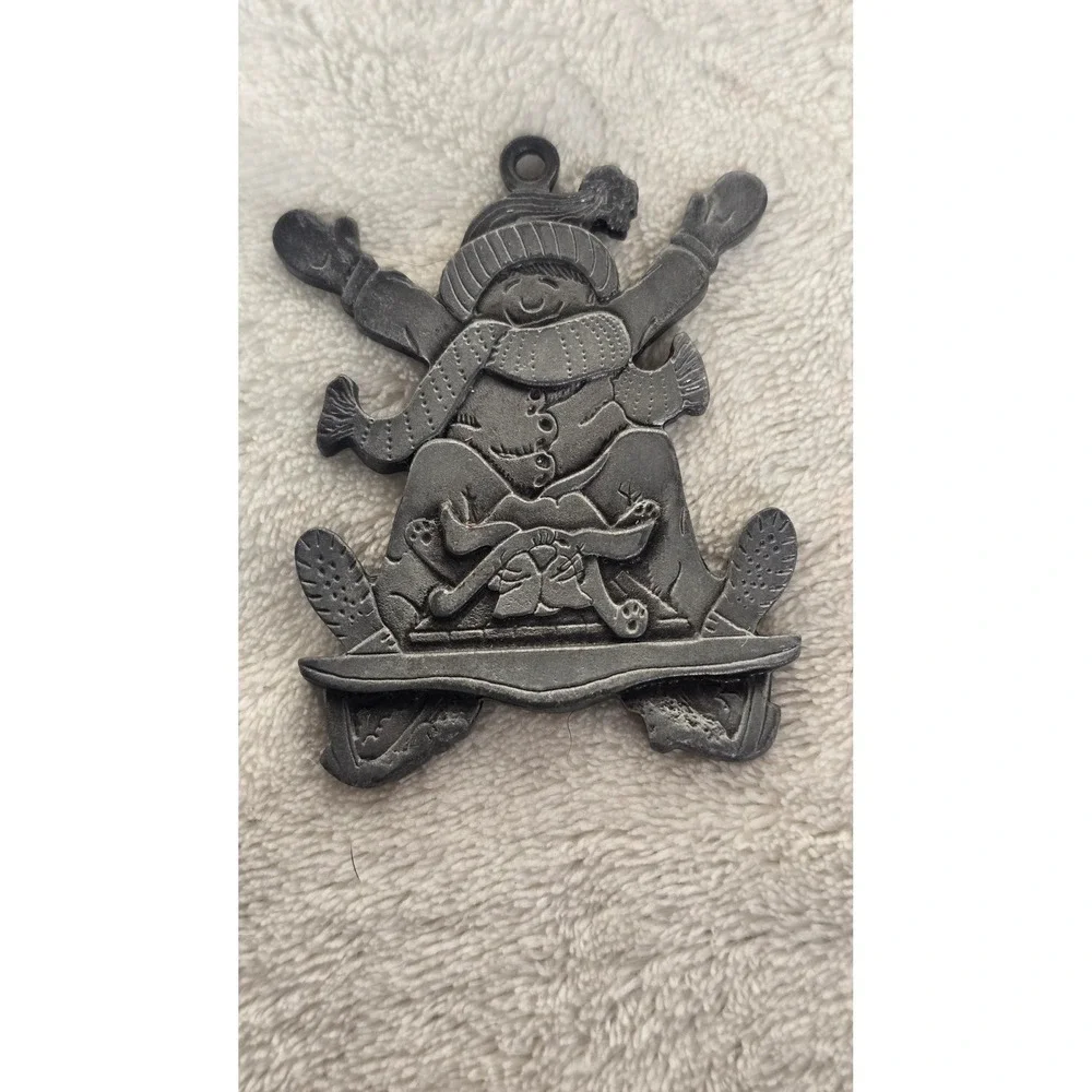 Vintage Pewter Christmas Ornament Child and Dog Sledding Winter Holiday Decor